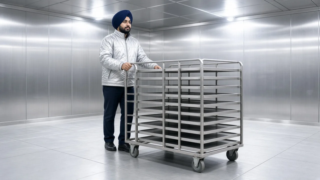A worker moving racks inside an Indian blast freezer