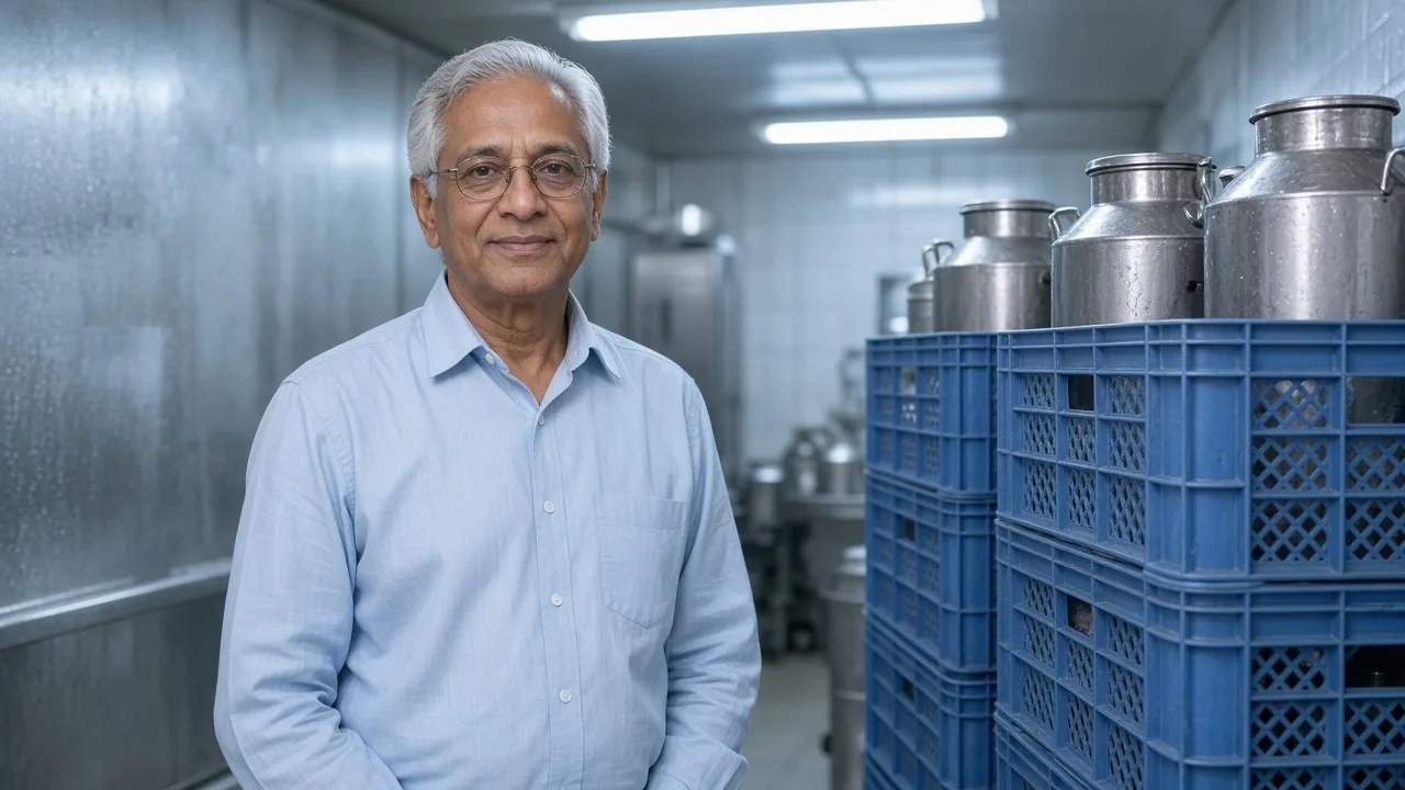 A worker beside milk crates inside an Indian chiller room