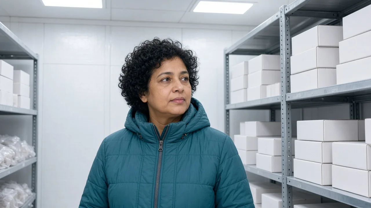 A worker inside an Indian freezer room