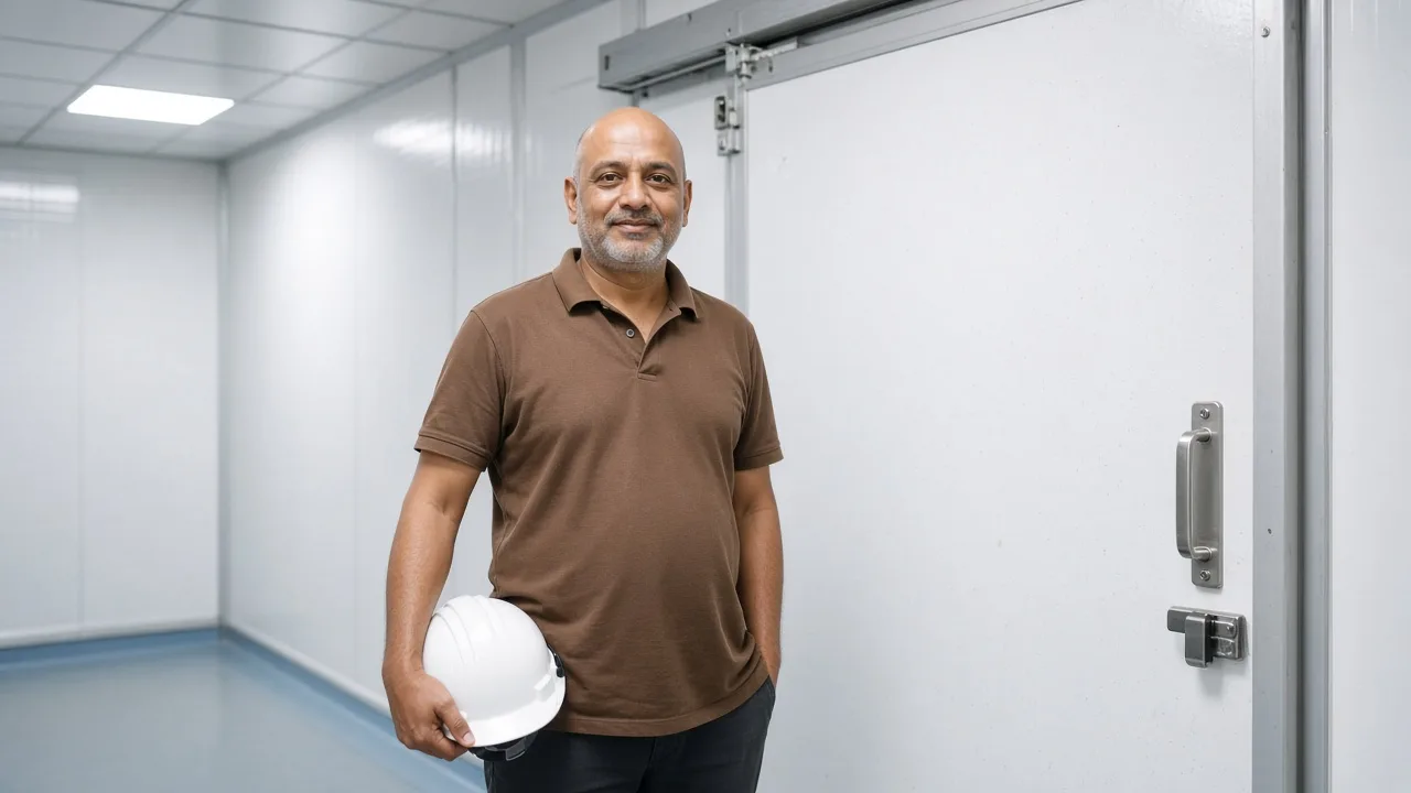 A worker beside a modular cold room in India