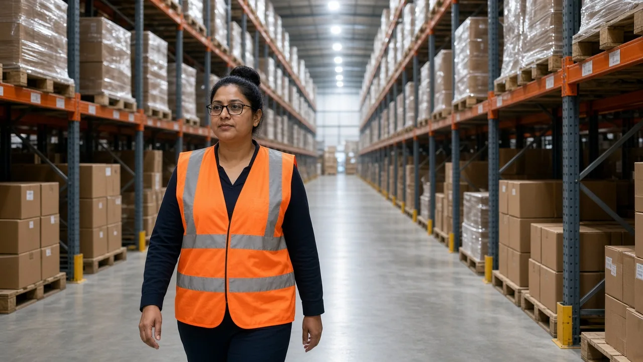 A worker in a large Indian cold storage aisle