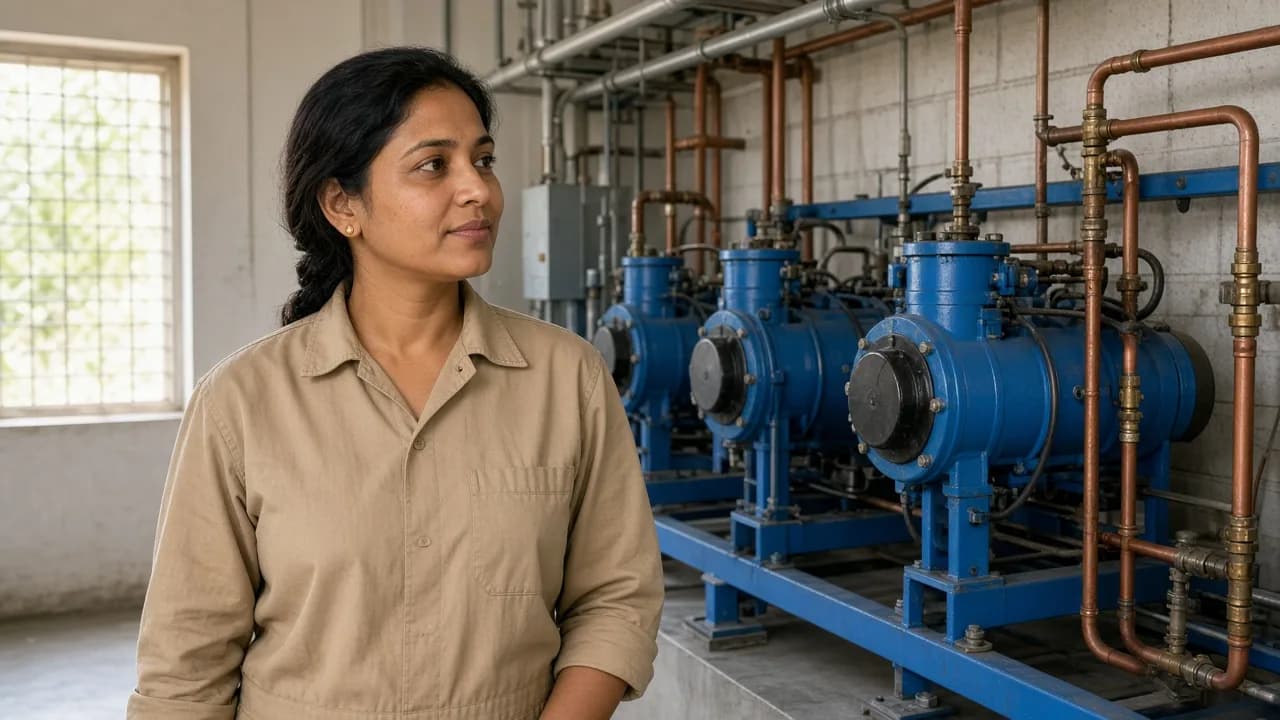 An Indian engineer beside refrigeration compressors in a bright plant room