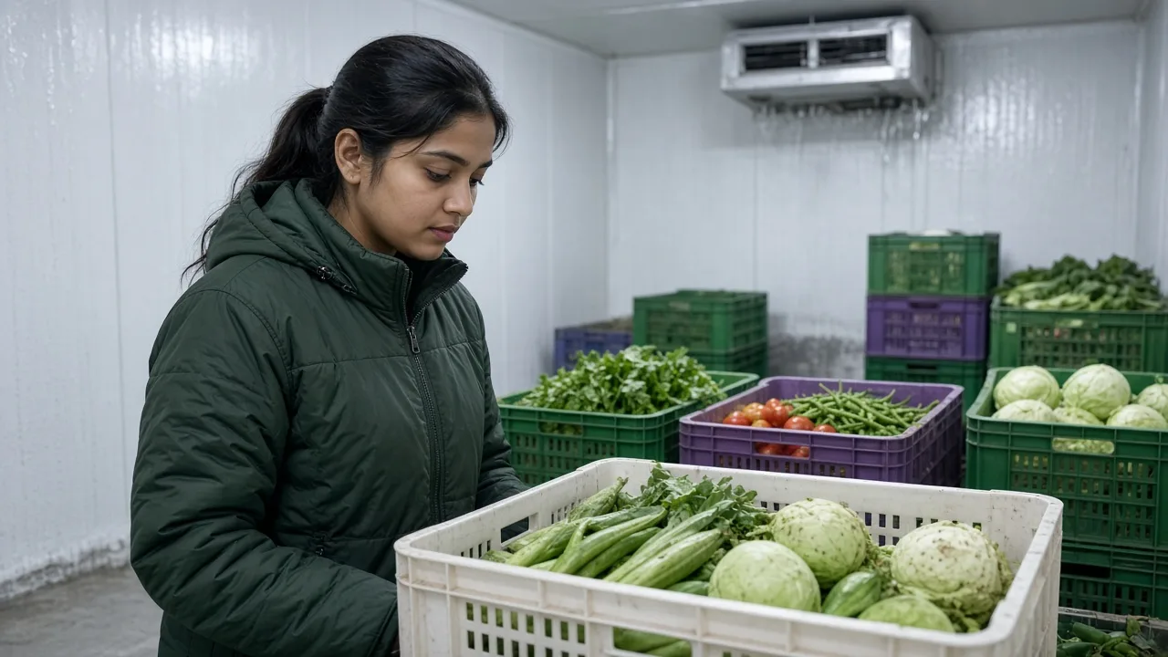 A worker checking product inside a brightly lit Indian cold room