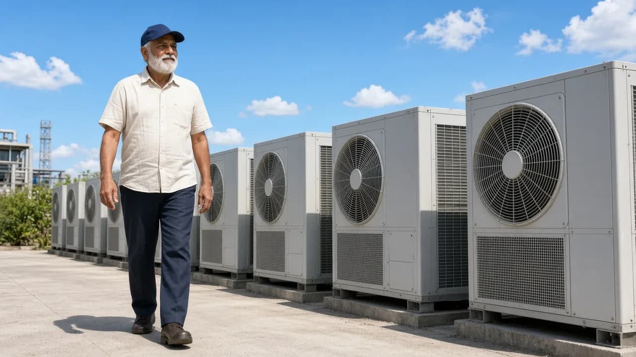 An Indian engineer walking beside outdoor refrigeration equipment in sunlight