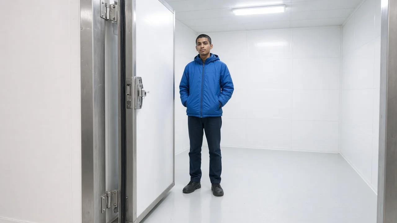 A worker at the doorway of an empty refrigerated room in India