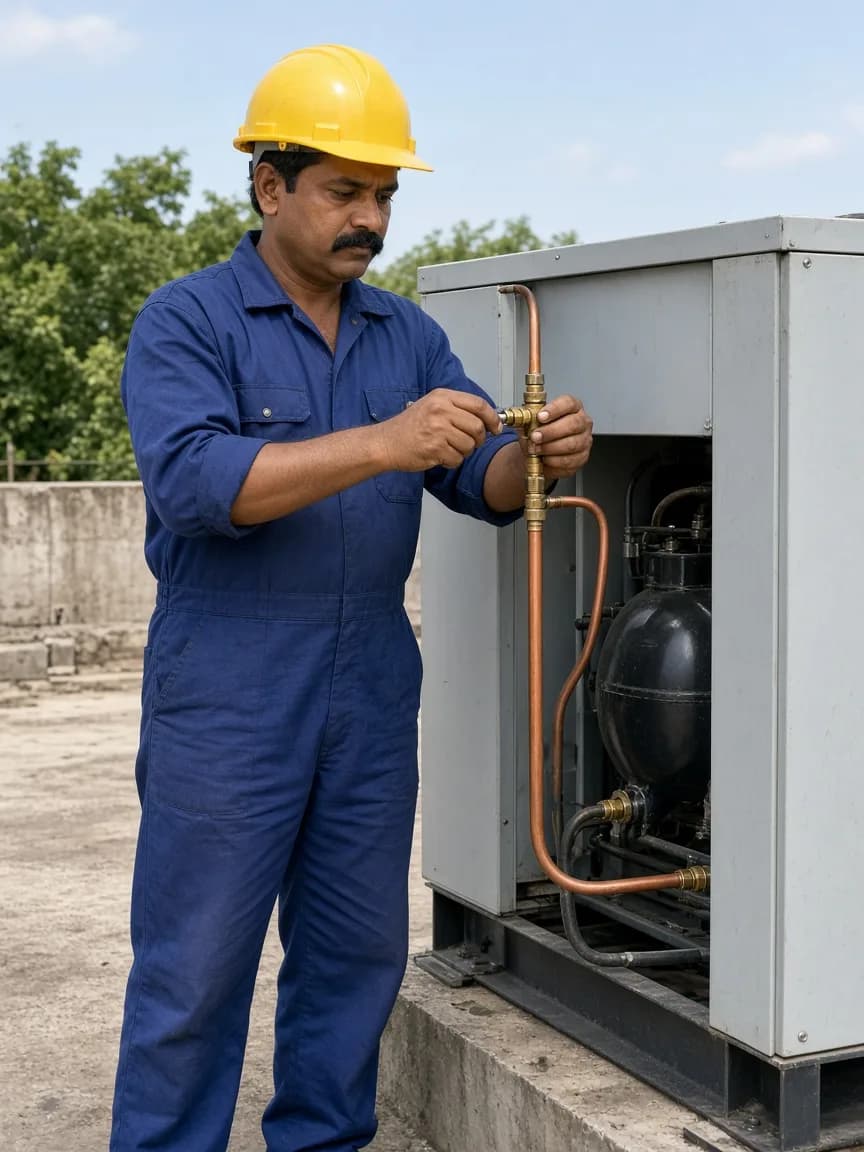 A technician installing a refrigeration compressor in India