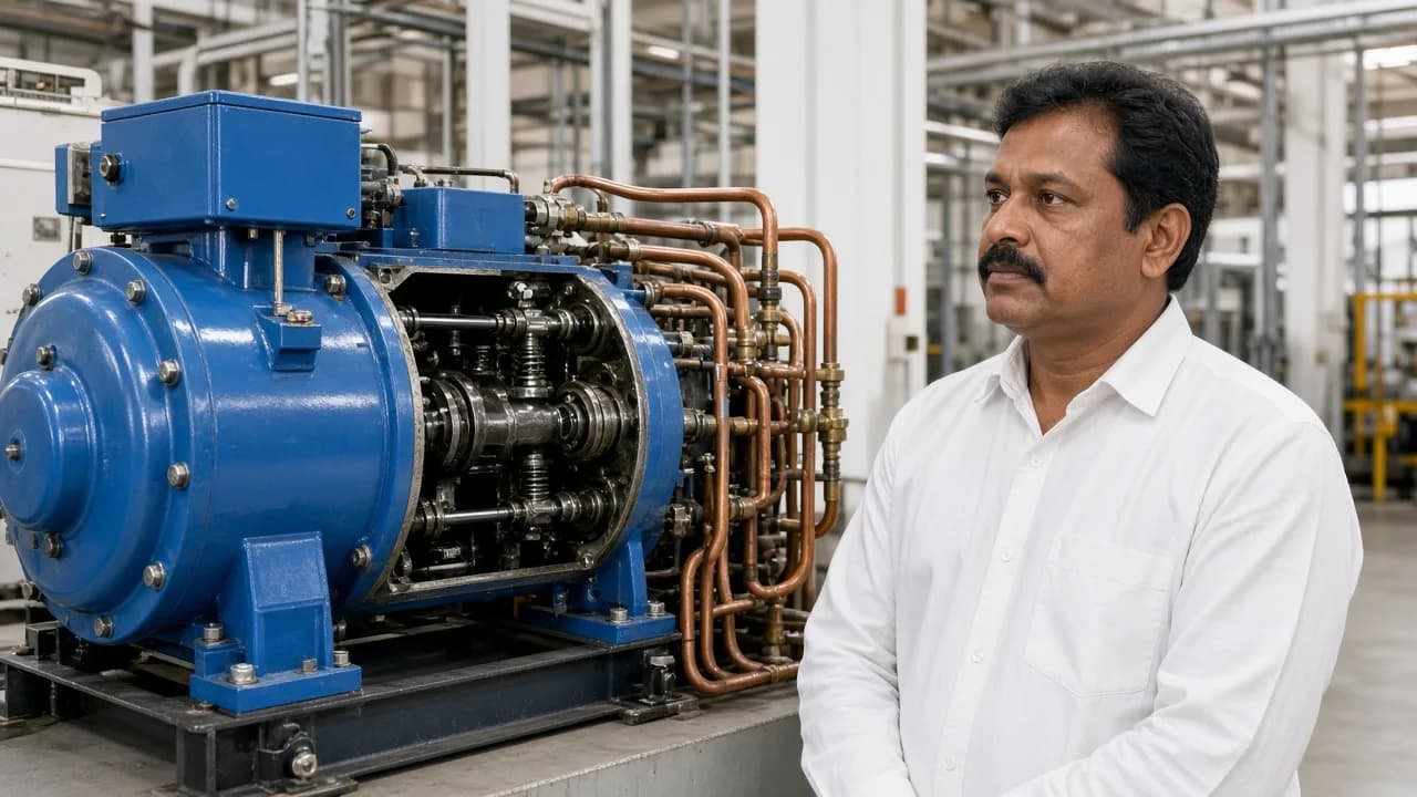 An Indian technician beside an open refrigeration compressor