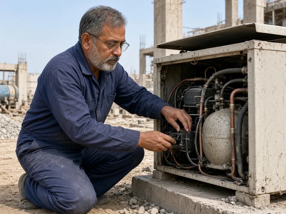 A technician assessing an older refrigeration compressor