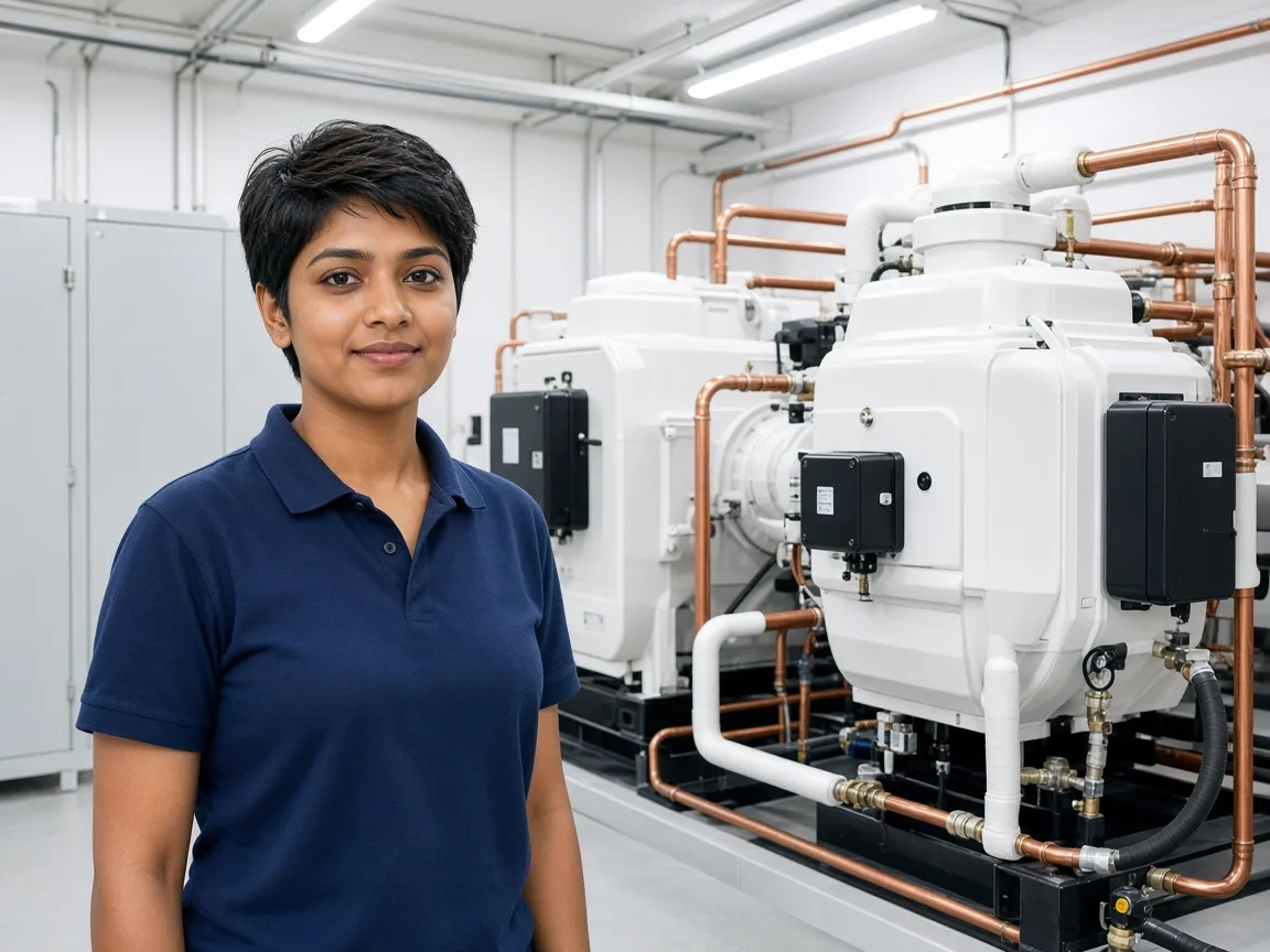 A newer refrigeration compressor installation in a machinery room