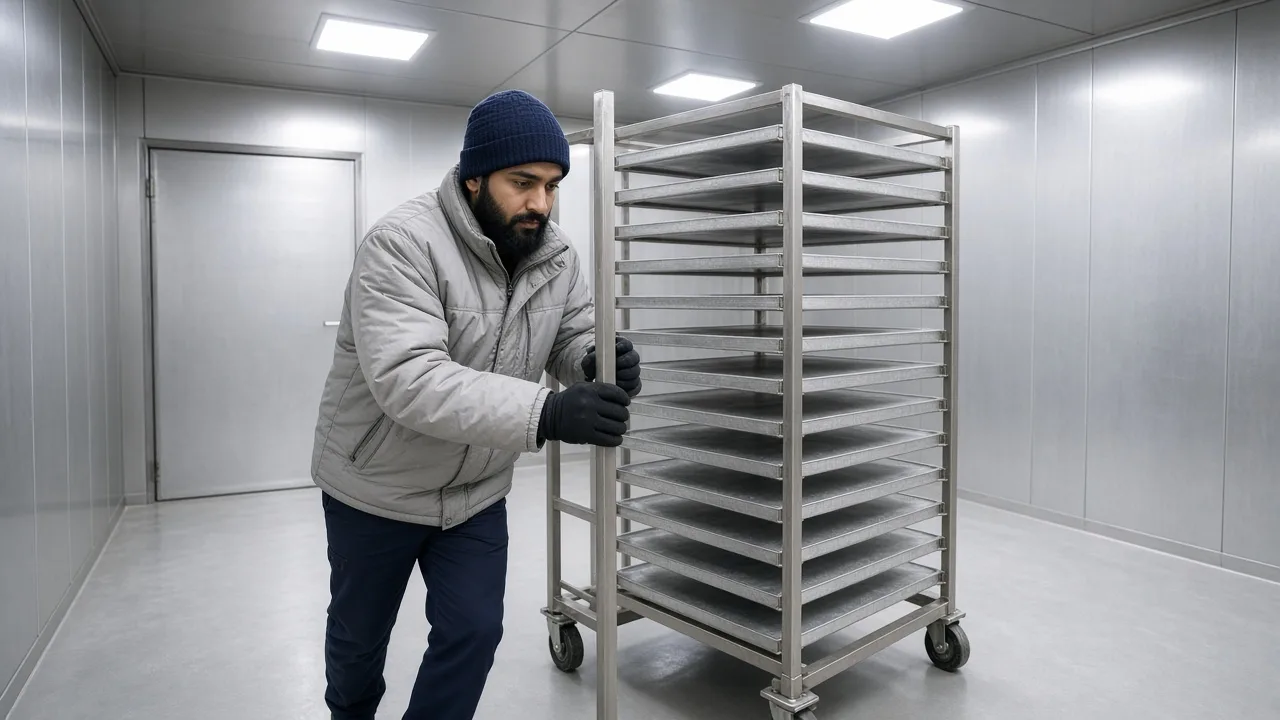 A worker moving racks inside a blast freezer