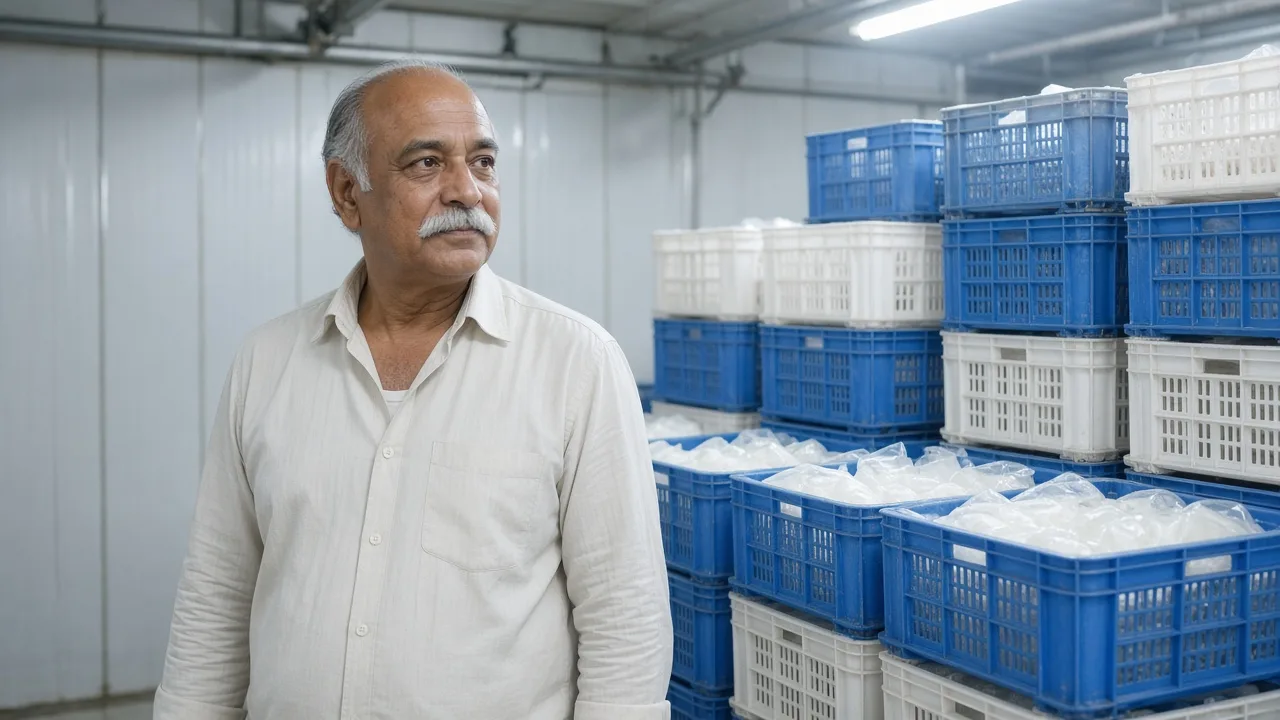 A worker beside crates inside a chiller room
