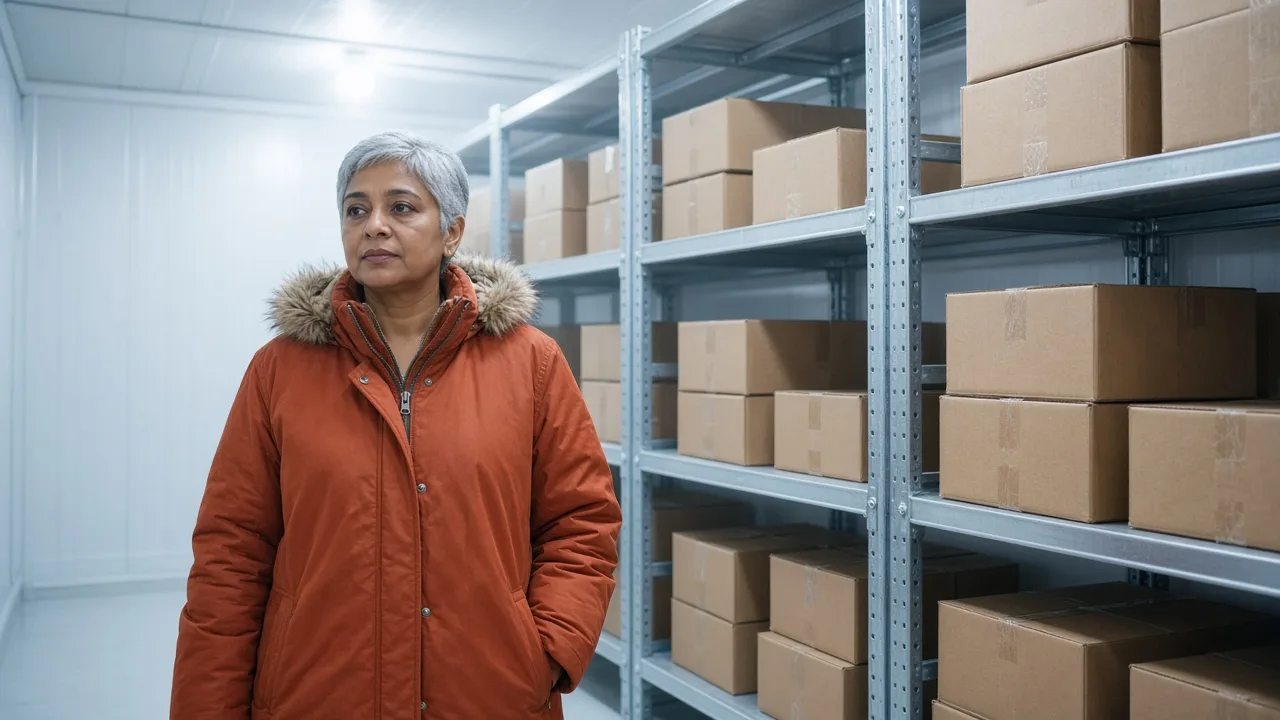 A worker inside a freezer room with boxed product