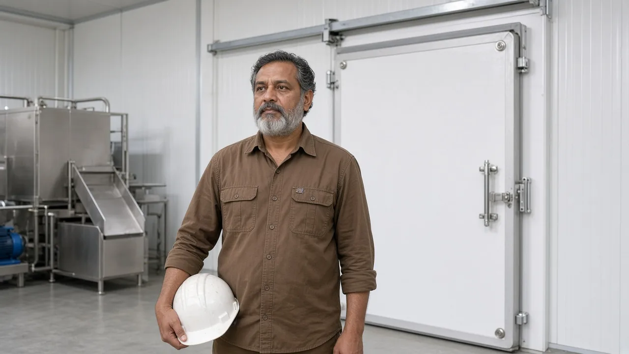 A worker beside a modular cold room