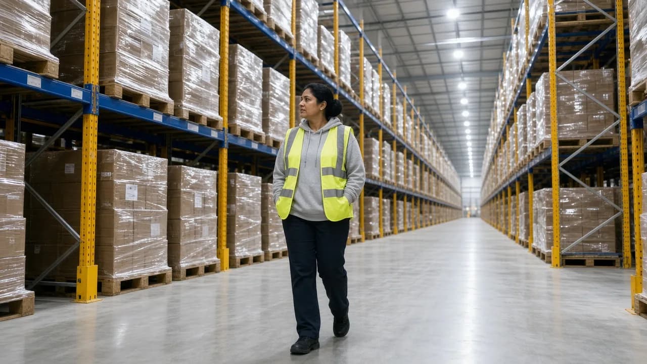 A worker in a large cold storage aisle