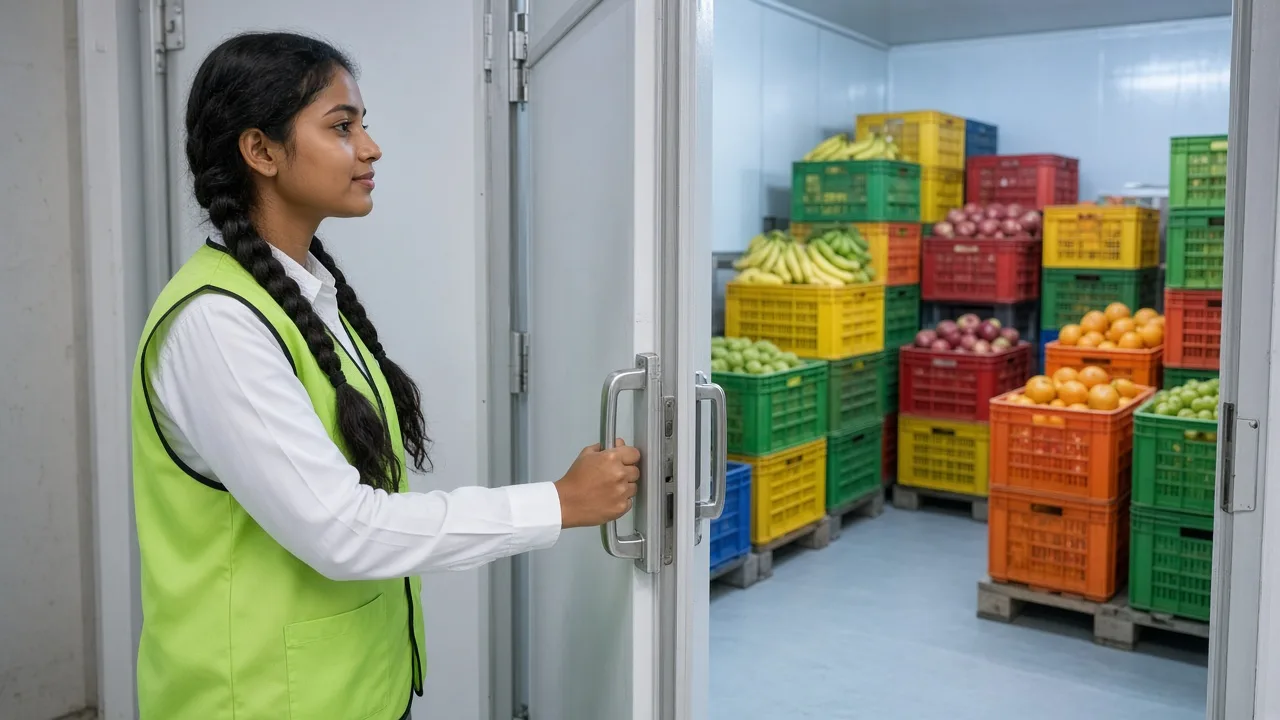 A worker at the door of a walk in cold room