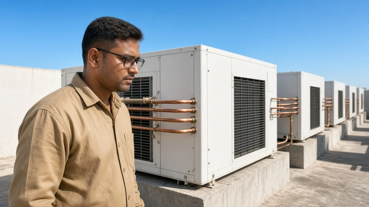 An engineer beside outdoor condensing units at an Indian cold storage plant