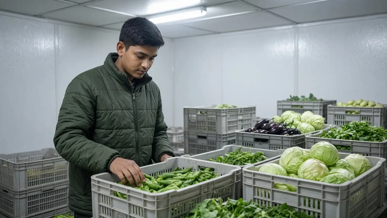 A worker checking product inside a brightly lit Indian cold room