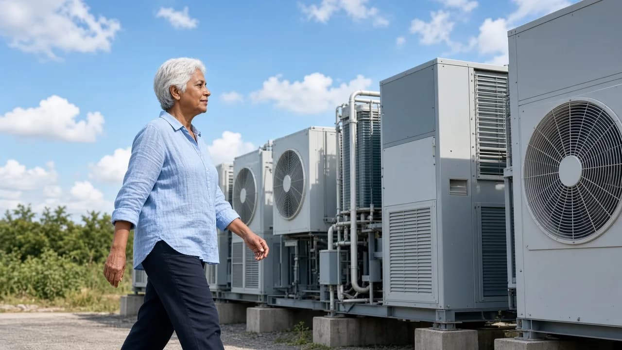 An engineer walking beside outdoor condensing units in Indian sunlight
