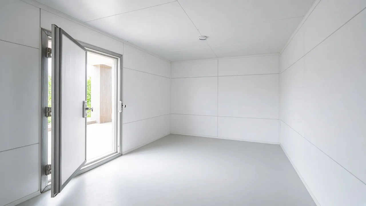 A bright empty refrigerated room ready for equipment