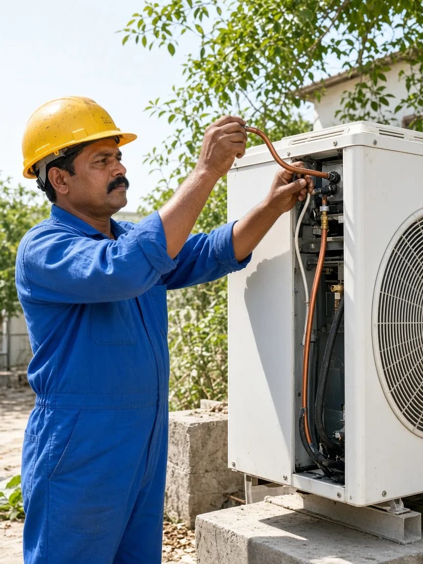 A technician installing an outdoor condensing unit
