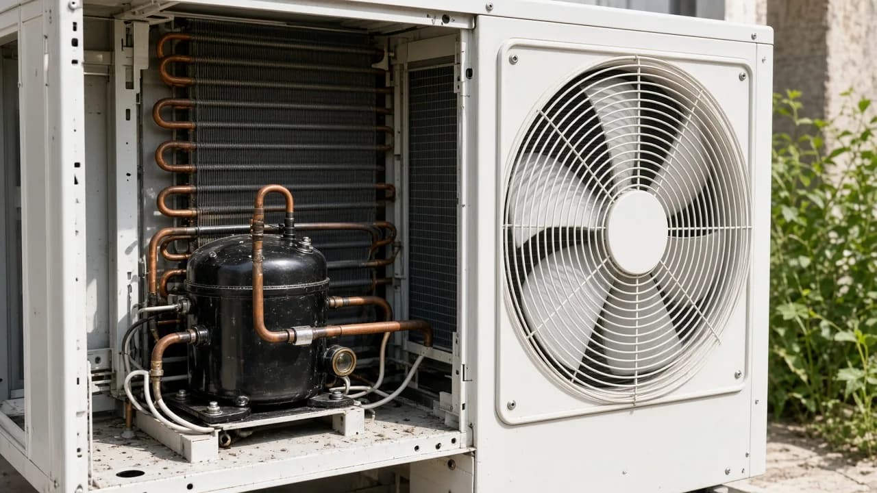 An open condensing unit showing the compressor, condenser coil, and fan