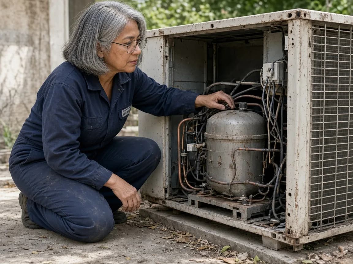 A technician assessing an older outdoor condensing unit