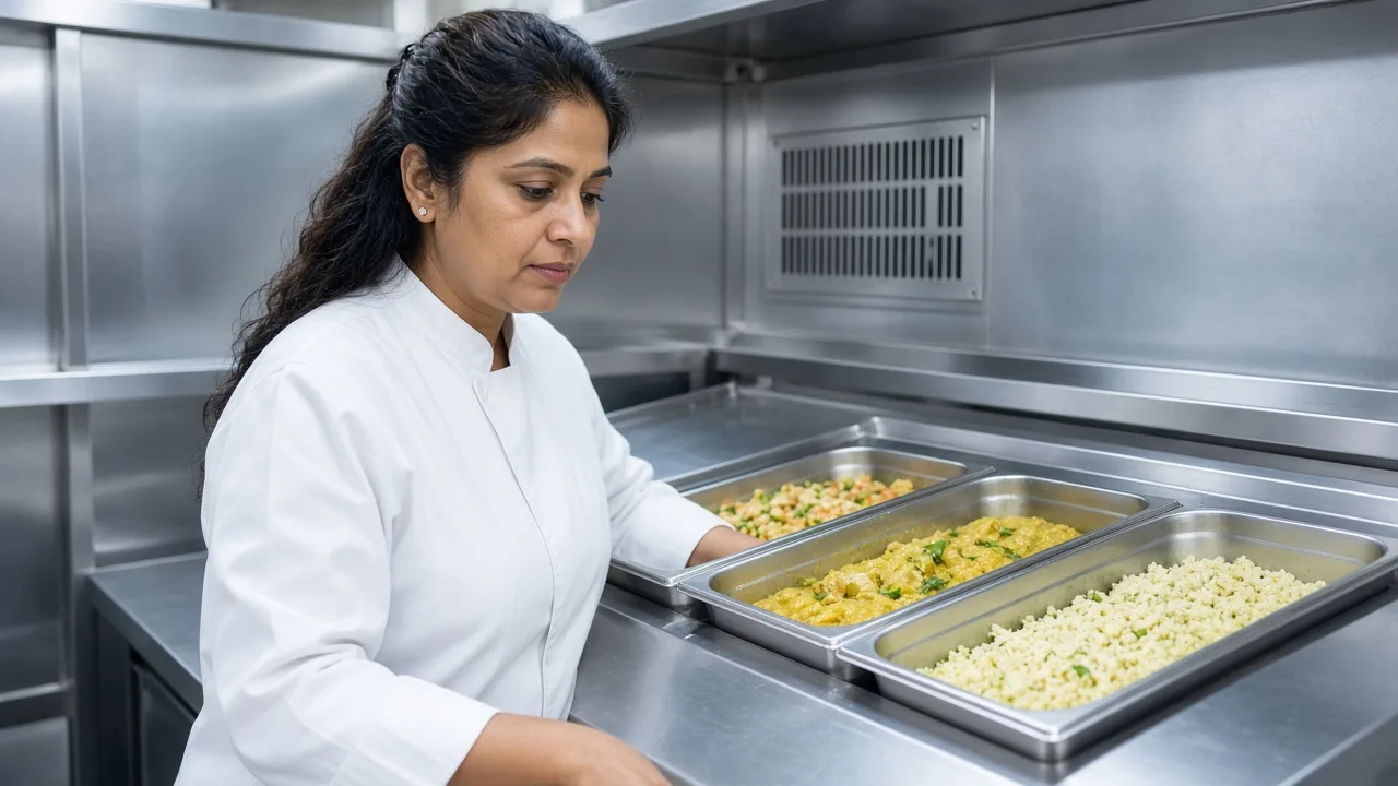 A worker checking trays inside an Indian blast chiller