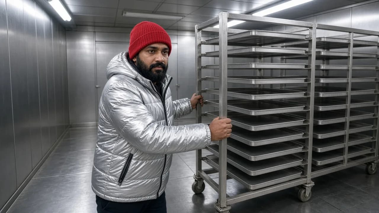 A worker moving racks inside an Indian blast freezer