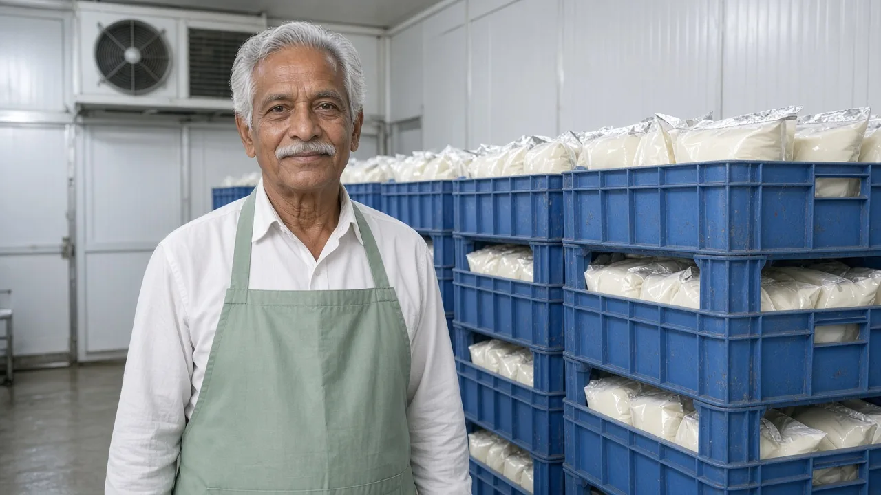 A worker beside milk crates inside an Indian chiller room