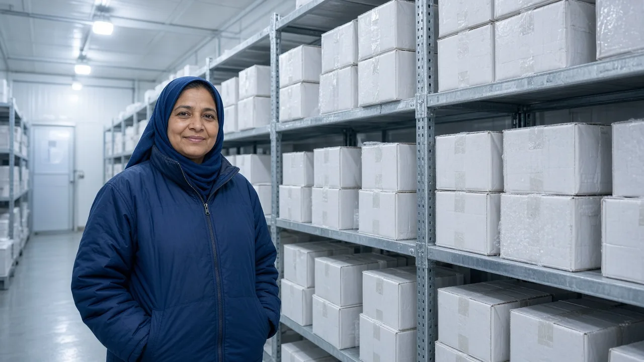 A worker inside an Indian freezer room