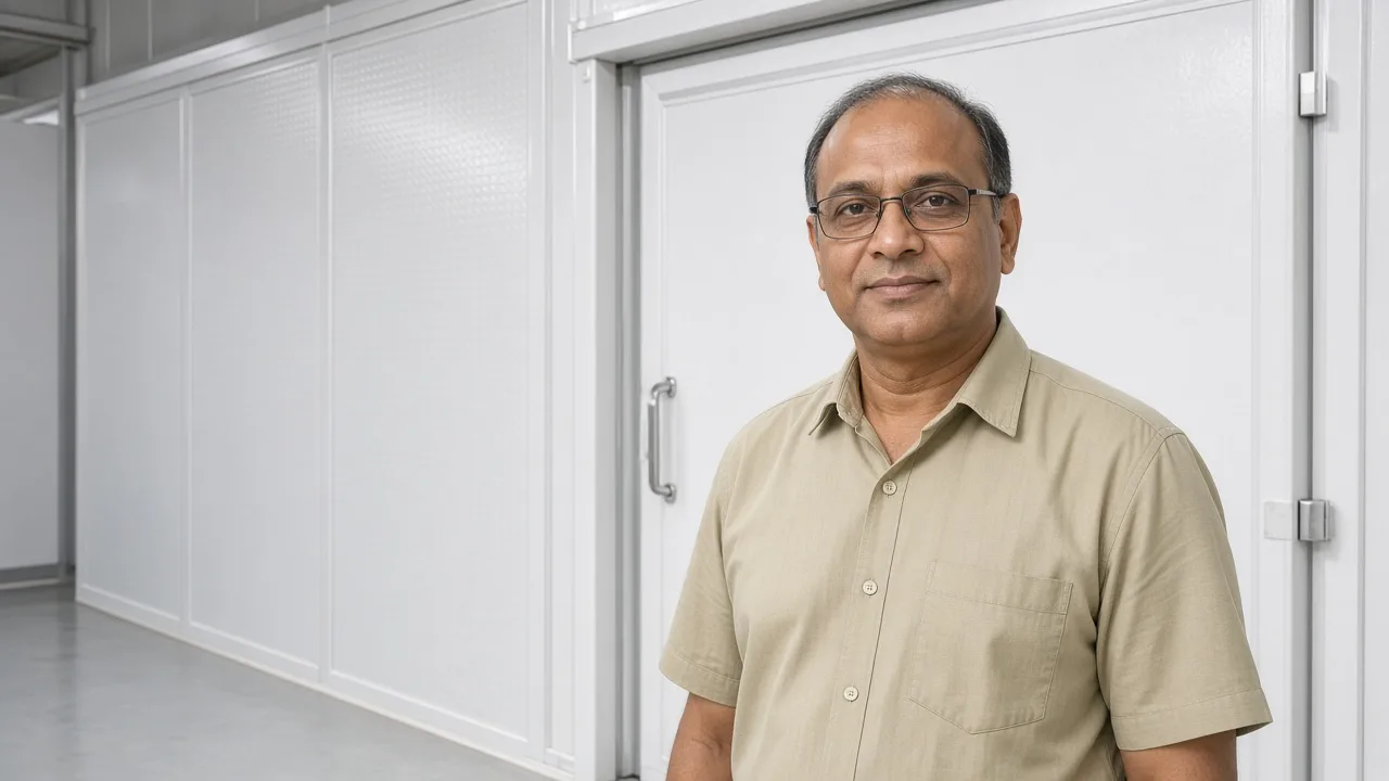 A worker beside a modular cold room in India