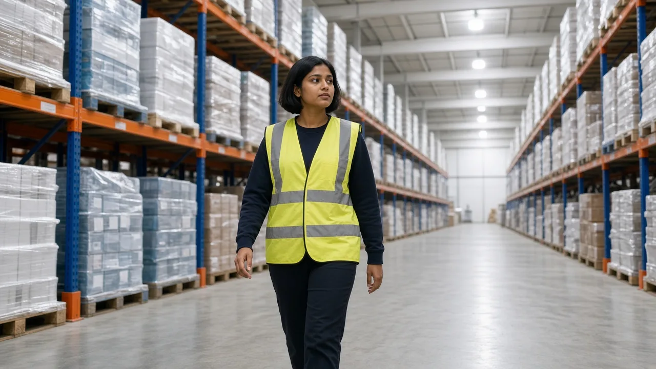 A worker in a large Indian cold storage aisle