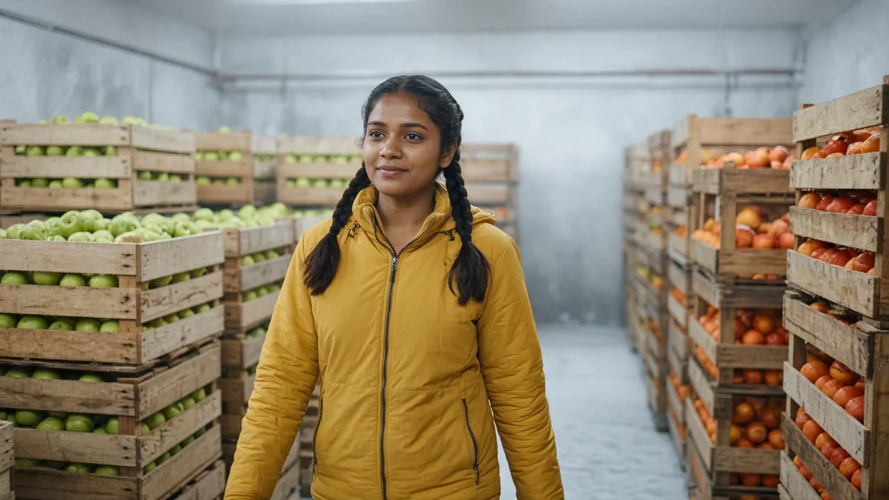 A worker at the door of a walk in cold room in India