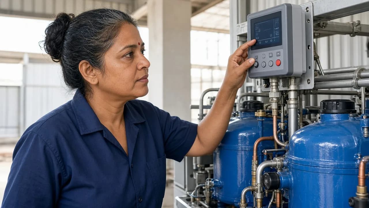 An Indian engineer beside a refrigeration controller in a bright plant room