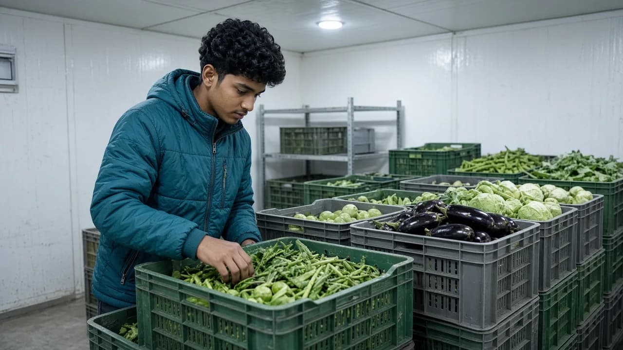 A worker checking product inside a brightly lit Indian cold room