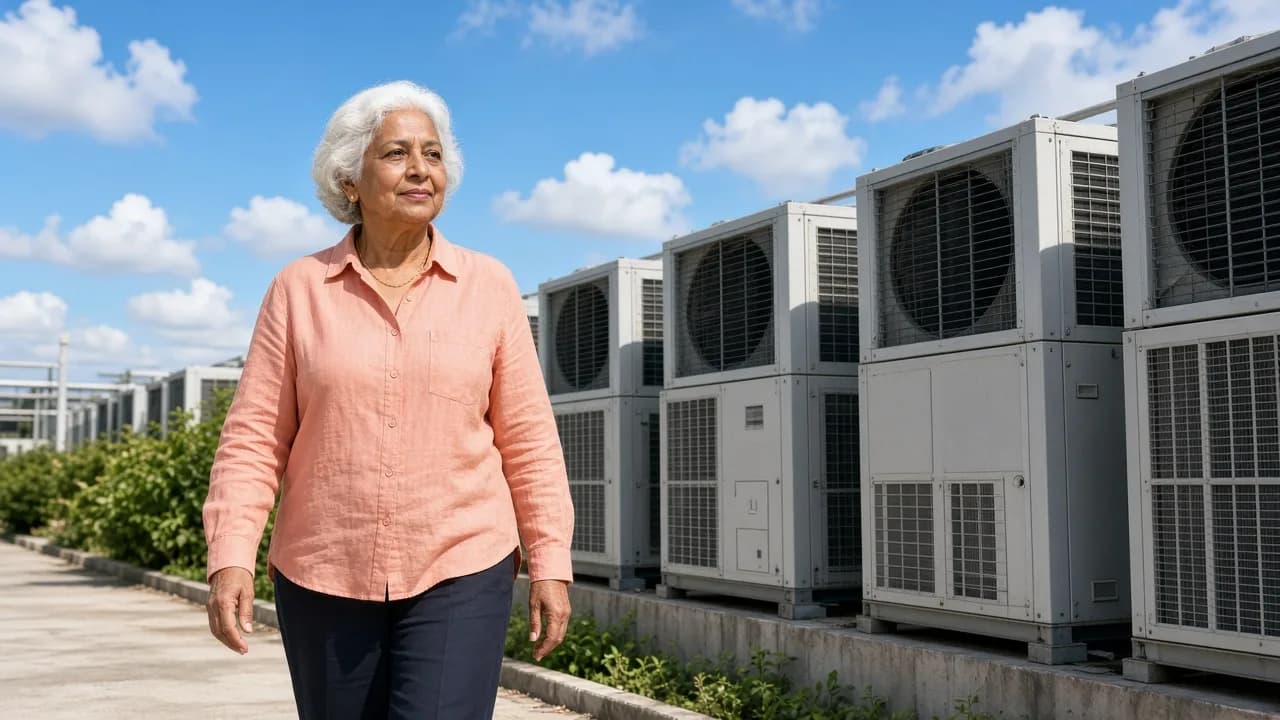 An engineer walking beside outdoor refrigeration equipment in Indian sunlight