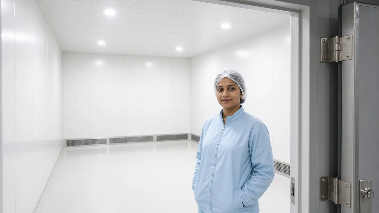 A worker at the doorway of an empty refrigerated room in India