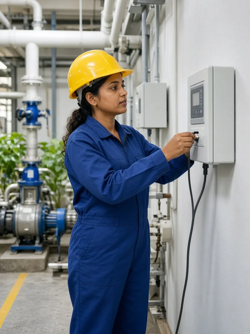 A technician installing a refrigeration controller in India