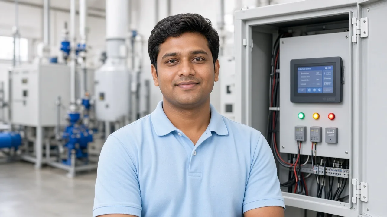 An Indian technician beside an open refrigeration control cabinet