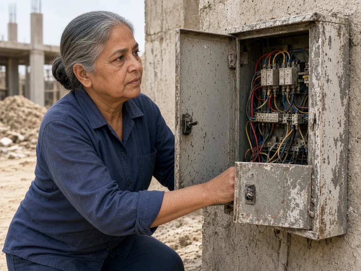 A technician assessing an older refrigeration control box