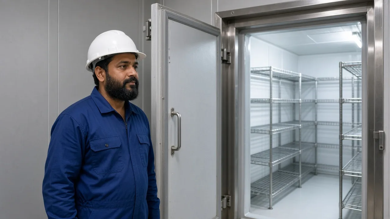 A worker at a blast freezer door in India