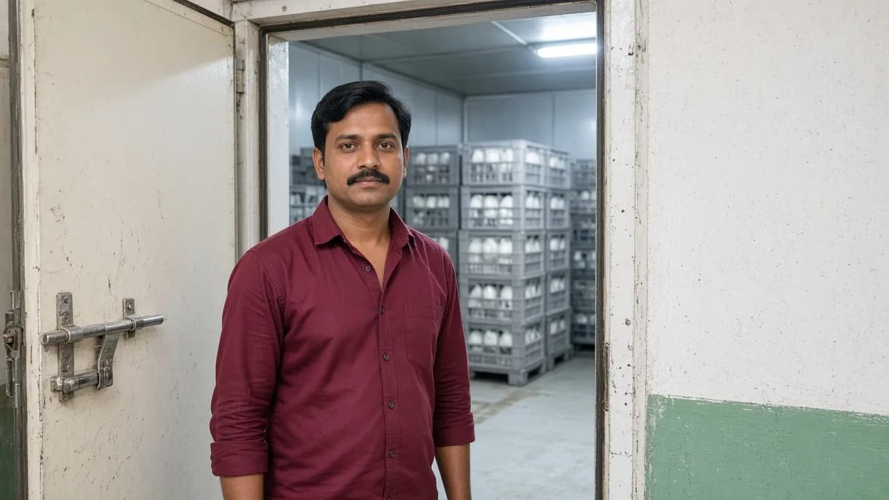 A worker at an open chiller room door in India