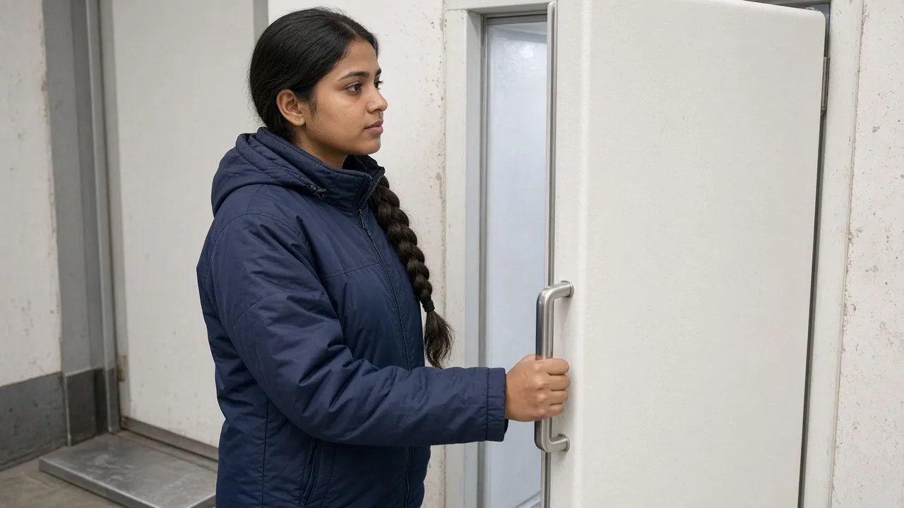 A worker beside a freezer room door in India