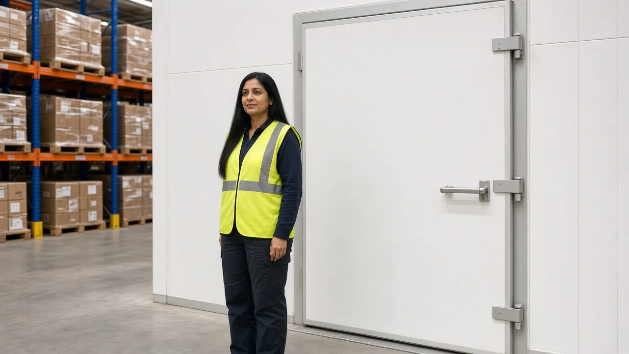 A worker at a large cold storage door in India