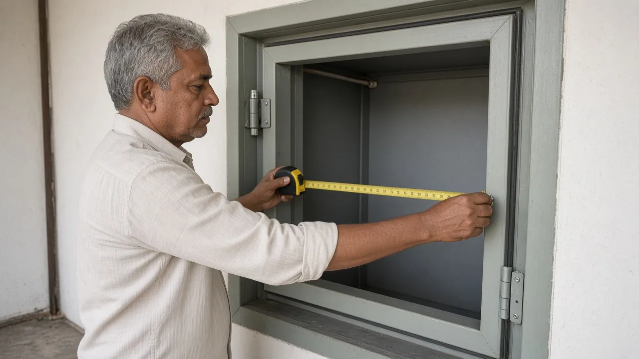 An engineer measuring a cold room door opening in India