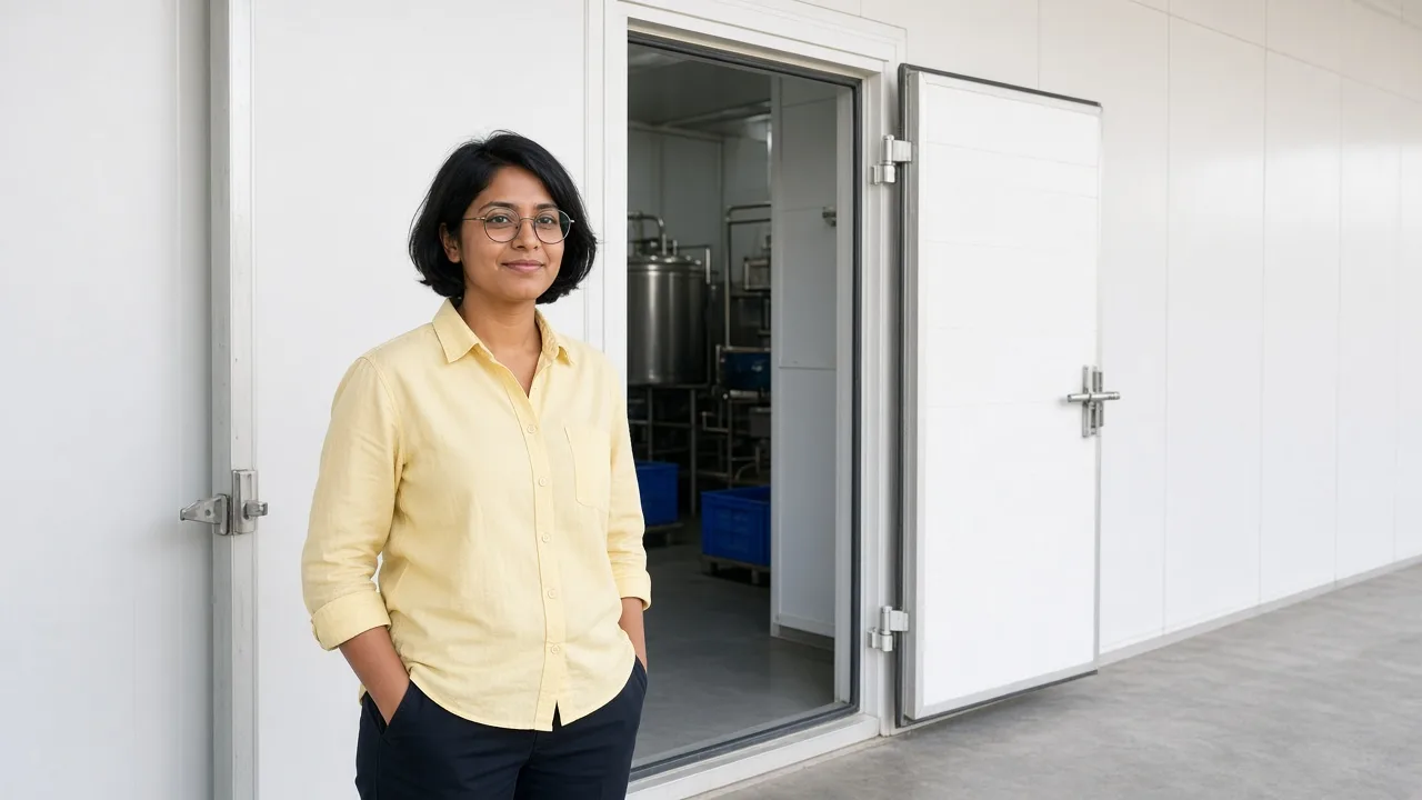 An Indian engineer beside an insulated cold room door in daylight