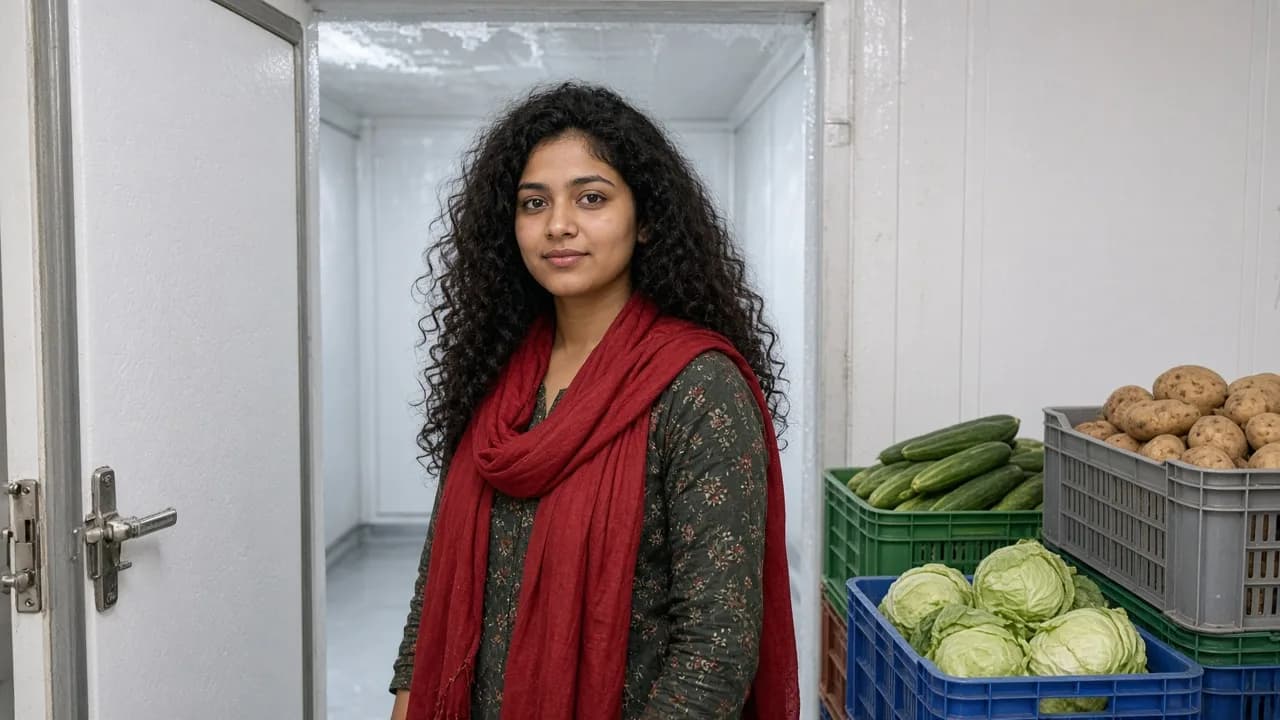 A worker at a cold room door inside a brightly lit Indian plant