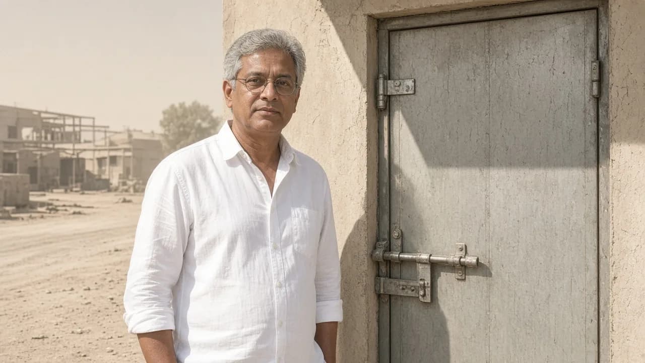 An engineer beside a cold room door in Indian sunlight