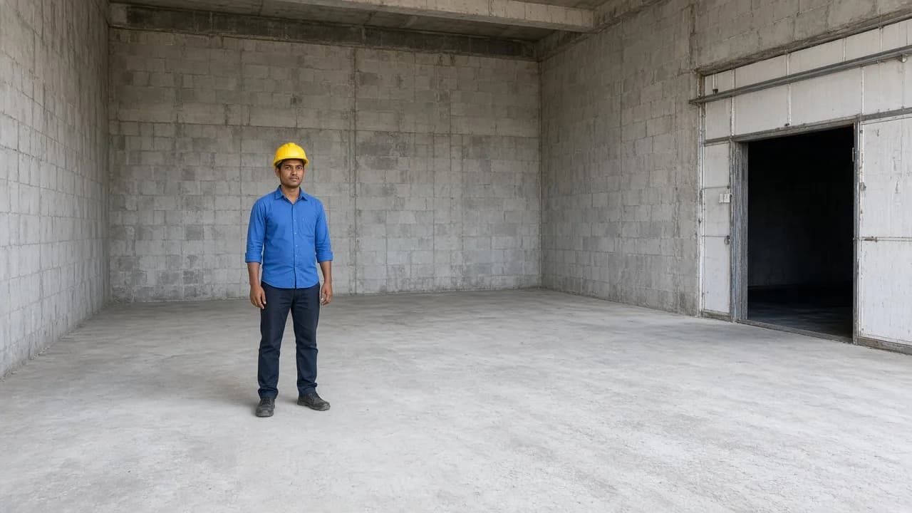 A worker on a prepared floor at an Indian cold room site