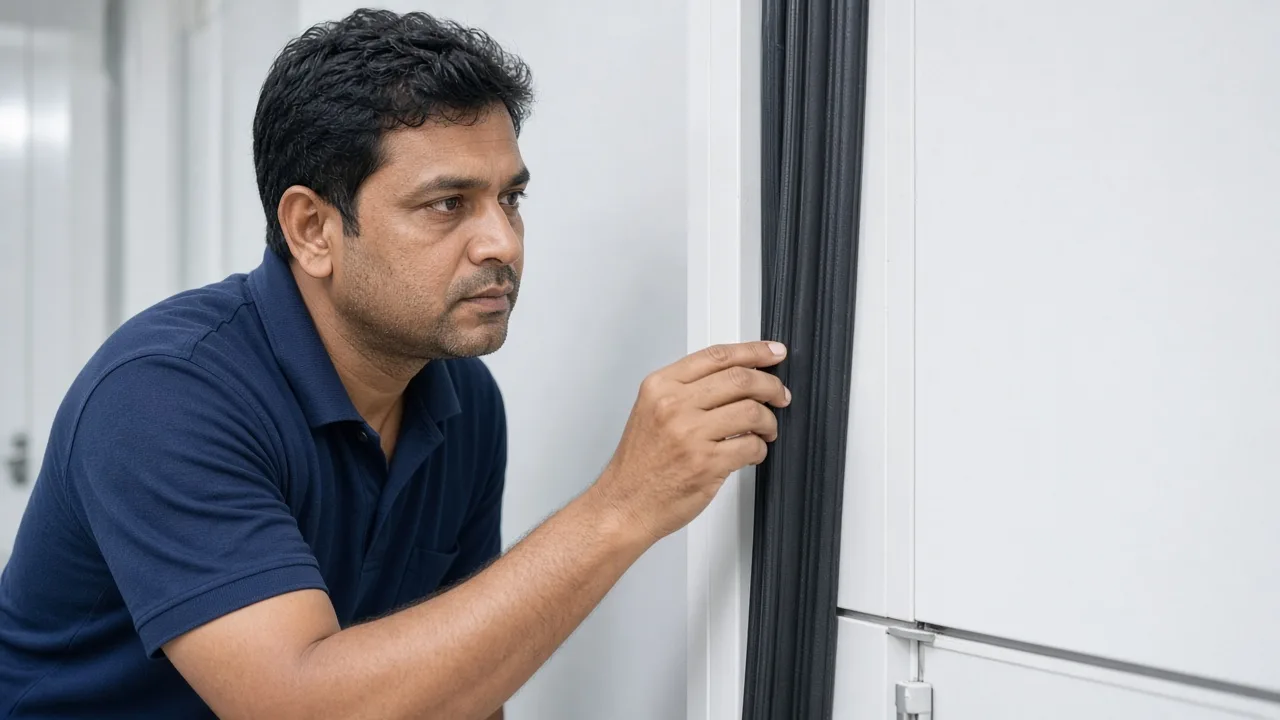 An Indian technician checking the seal of a white cold room door